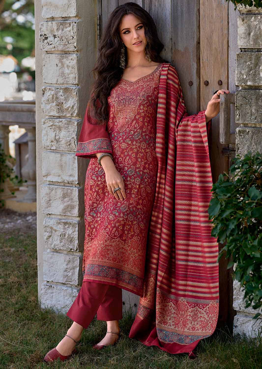 Pure Handloom Red Unstitched Pashmina Winter Suits Set for Women Kilory Trends