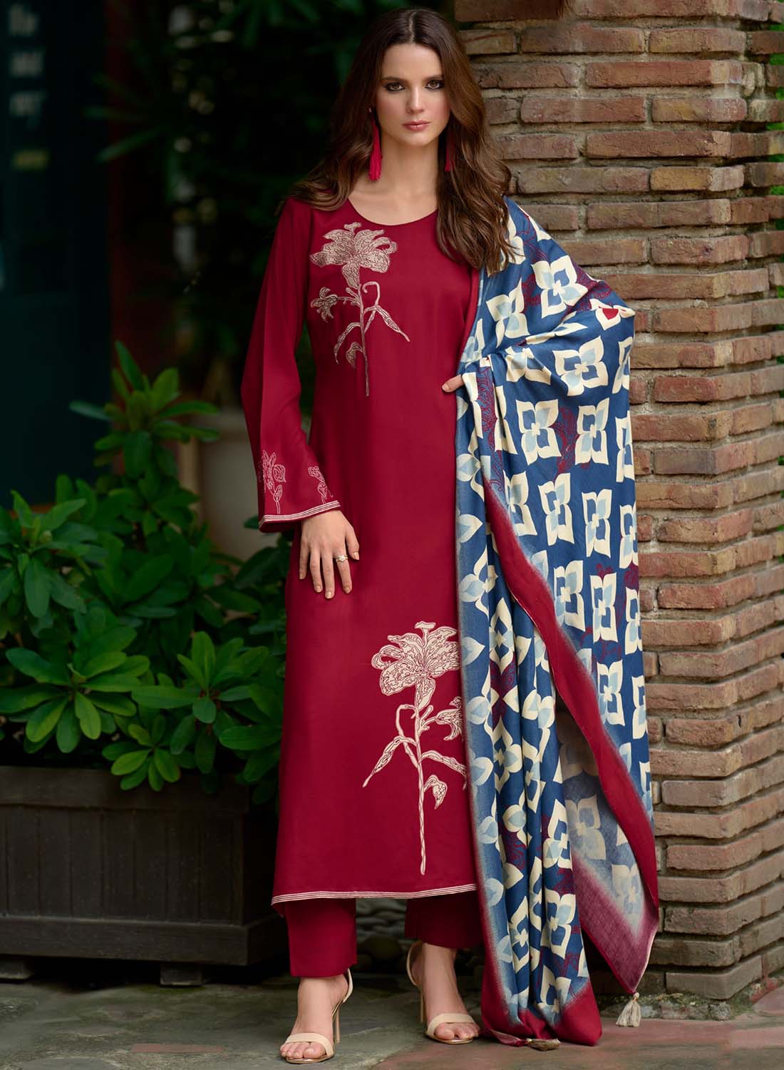 Red Viscose Pashmina Unstitched Winter Salwar Suit Dress Material