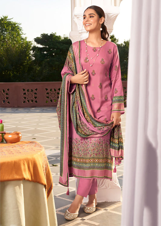 Unstitched Pashmina Pink Winter Salwar Suit Dress Material for Women