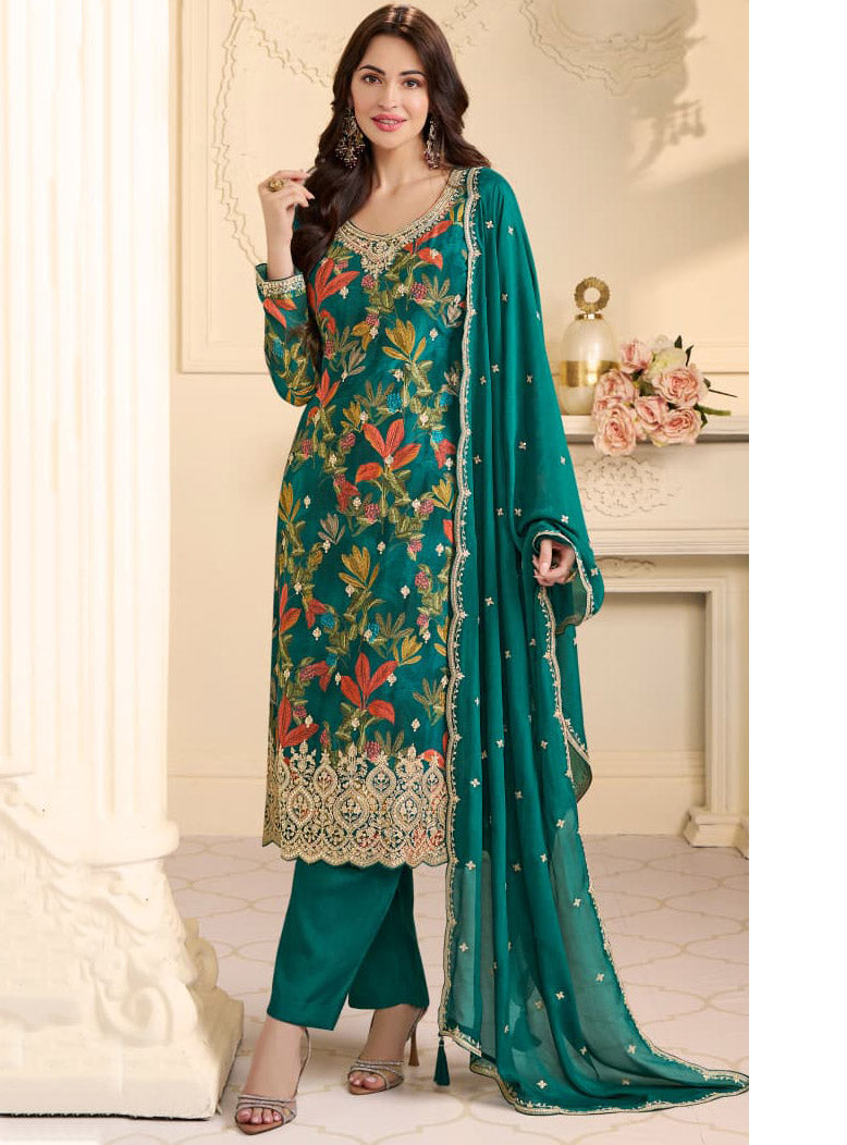 Party Wear Chinnon Green Unstitched Suit Dress Material with Embroidery