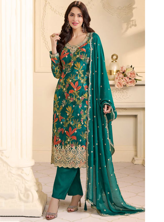Party Wear Chinnon Green Unstitched Suit Dress Material with Embroidery