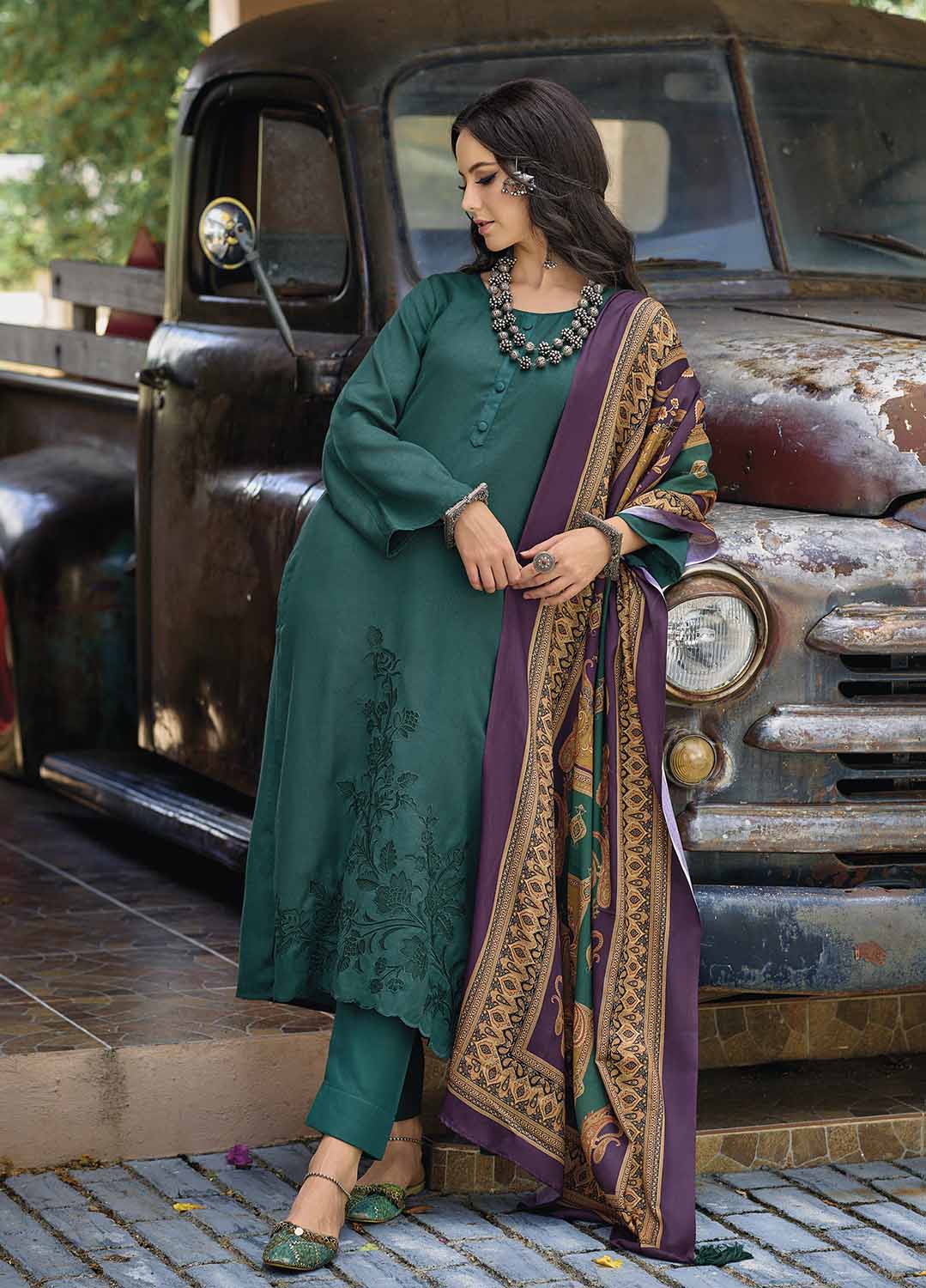 Pure Pashmina Designer Teal Green Women Winter Suits Dress Material IBIZA