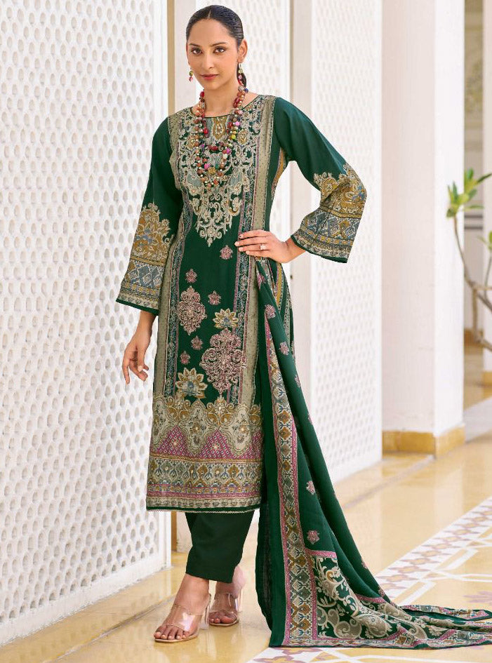 Green Muslin Pakistani Print Unstitched Salwar Suit Material for Women