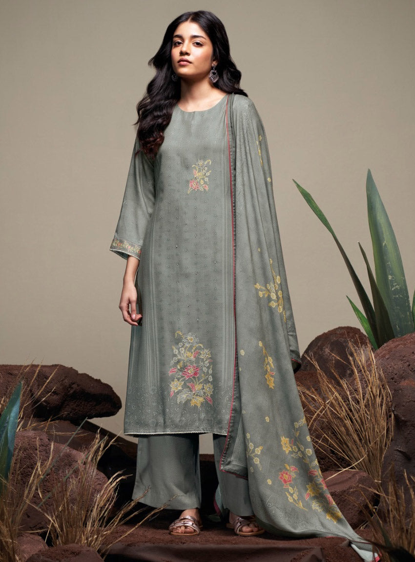 Ganga Woolen Pashmina Grey Unstitched Winter Salwar Suit Set Material