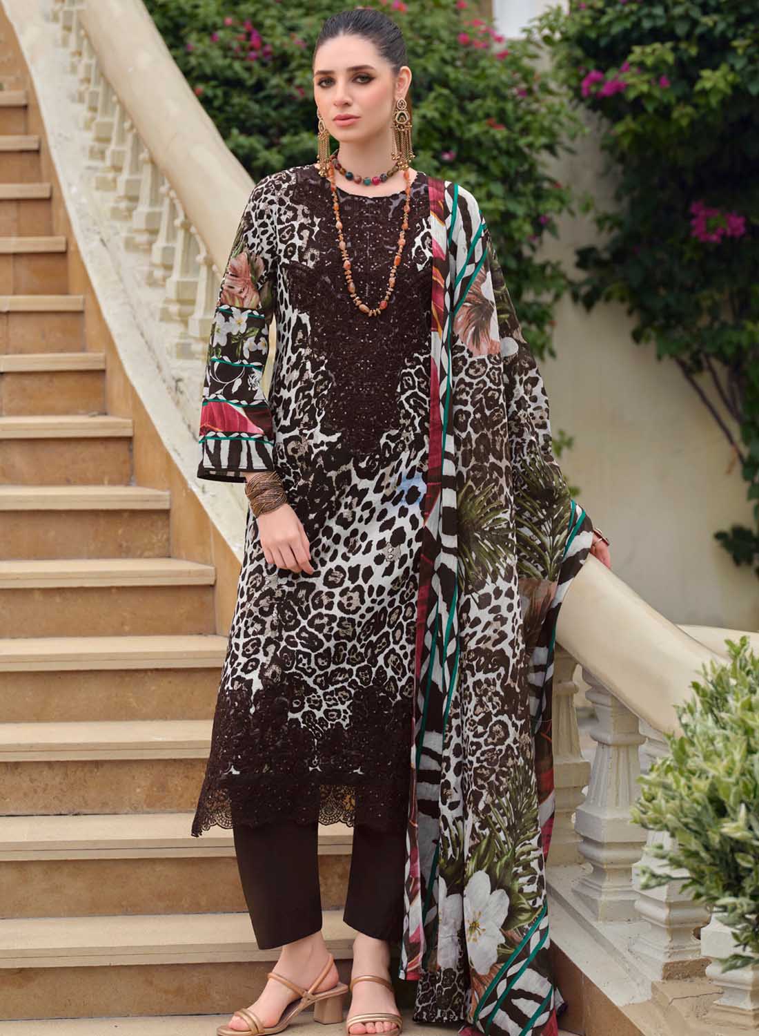 Brown Unstitched Cotton Pakistani Suit Dress Material with Embroidery