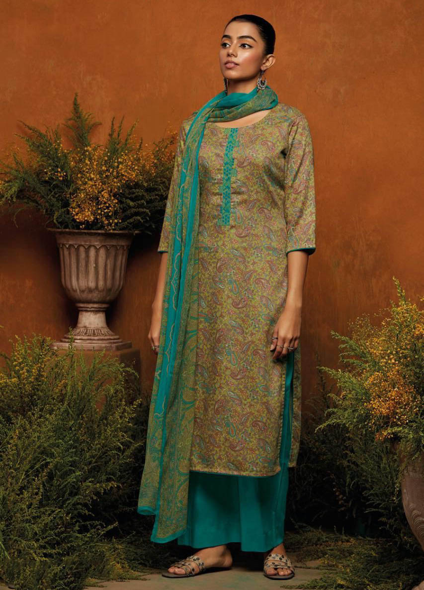 Ganga Green Winter Woolen Pashmina Salwar Suit Material for Women Ganga