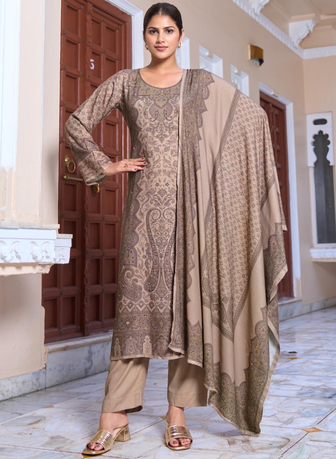 Brown Viscose Pashmina Kashmiri Print Unstitched Winter Suit Set Material