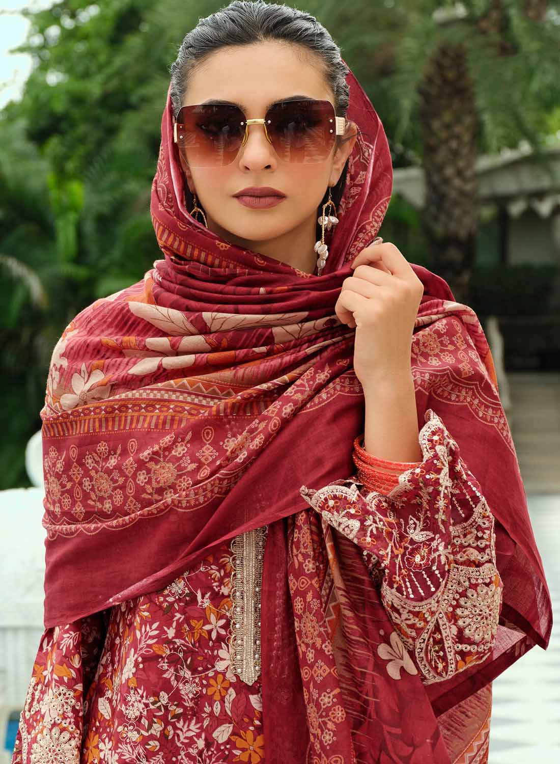 Pure Cotton Unstitched Pakistani Suit Material with Embroidery for Women Red