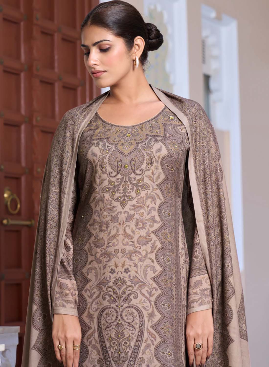 Brown Viscose Pashmina Kashmiri Print Unstitched Winter Suit Set Material