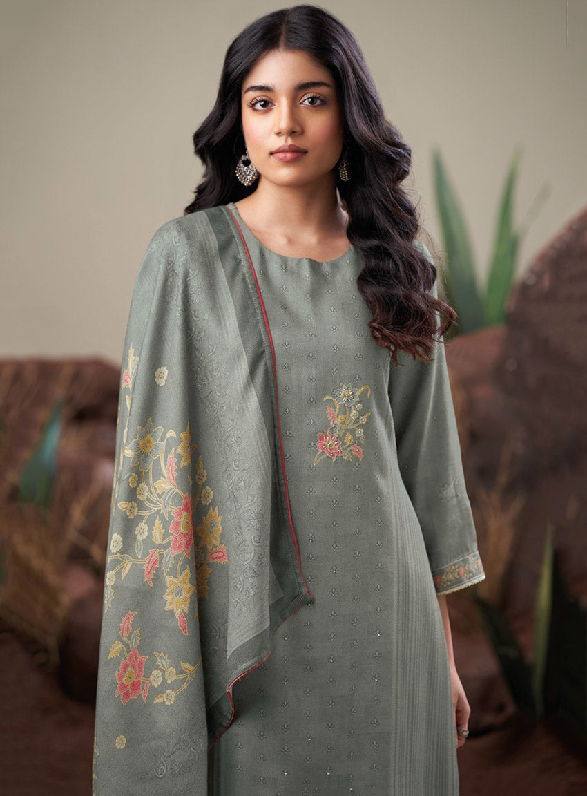Ganga Woolen Pashmina Grey Unstitched Winter Salwar Suit Set Material
