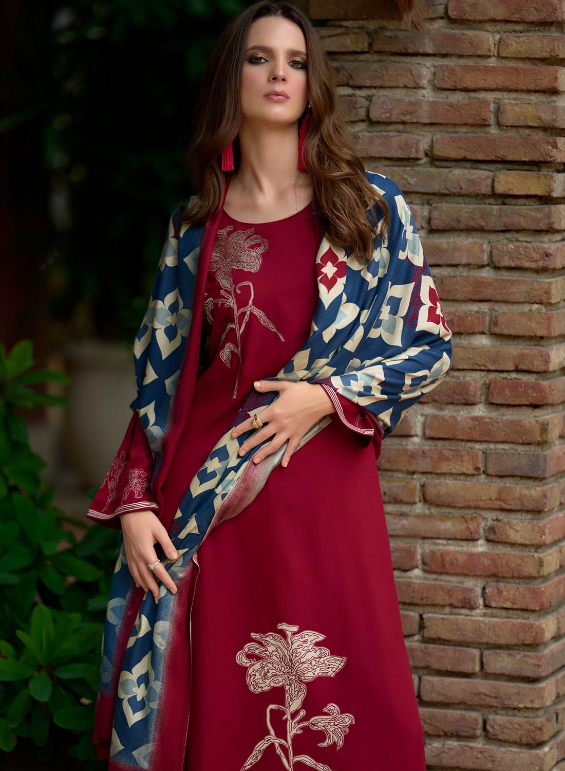 Red Viscose Pashmina Unstitched Winter Salwar Suit Dress Material