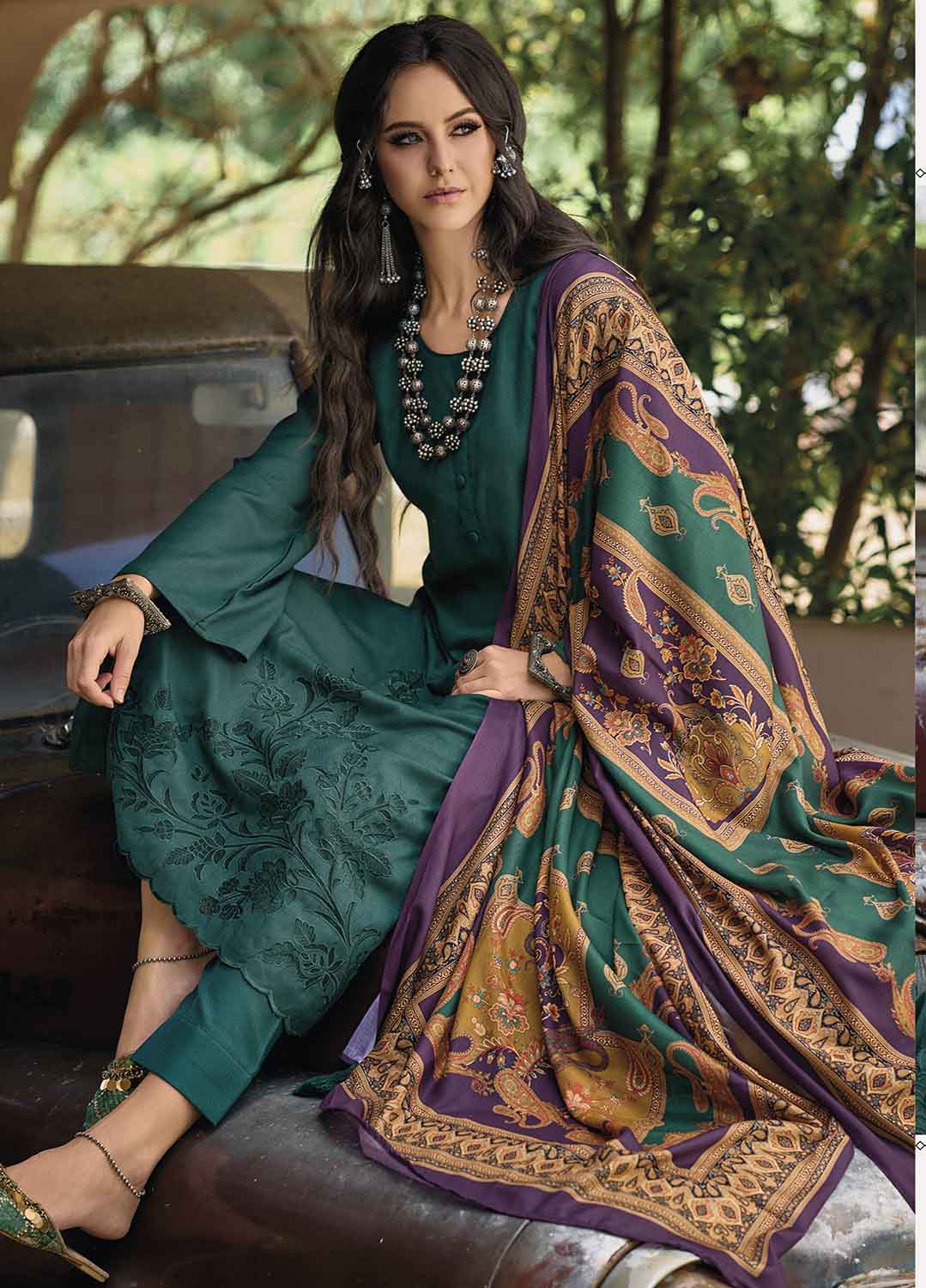 Pure Pashmina Designer Teal Green Women Winter Suits Dress Material IBIZA