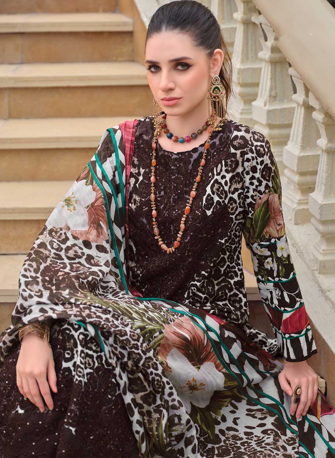 Brown Unstitched Cotton Pakistani Suit Dress Material with Embroidery