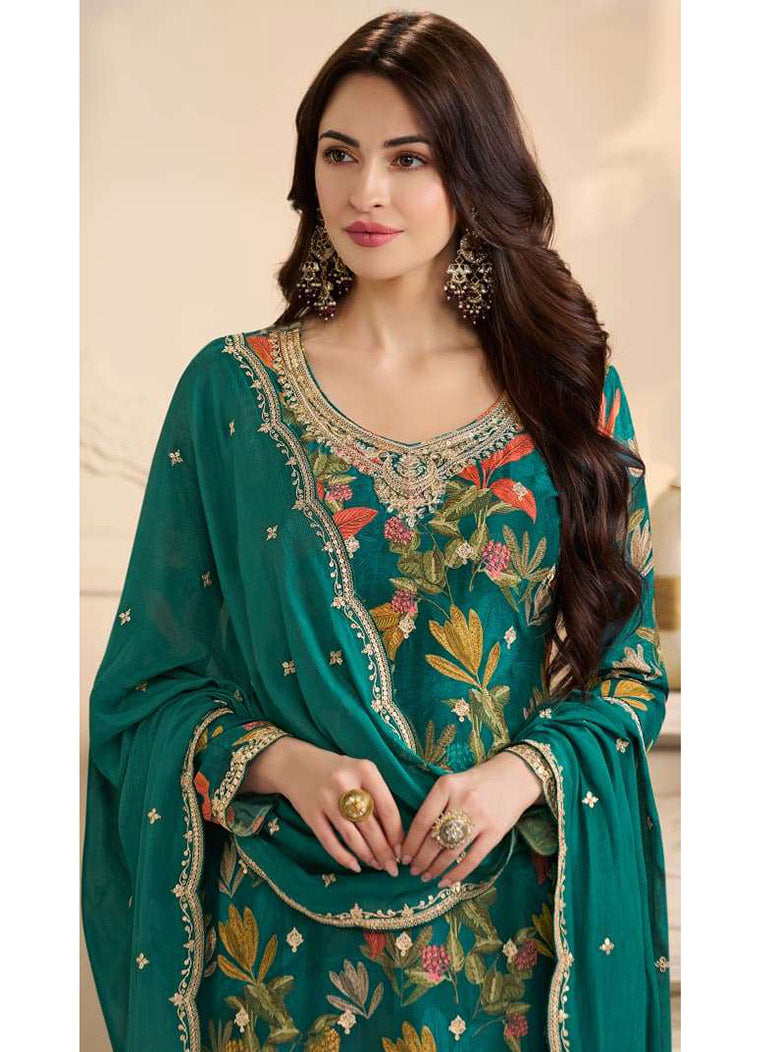Party Wear Chinnon Green Unstitched Suit Dress Material with Embroidery