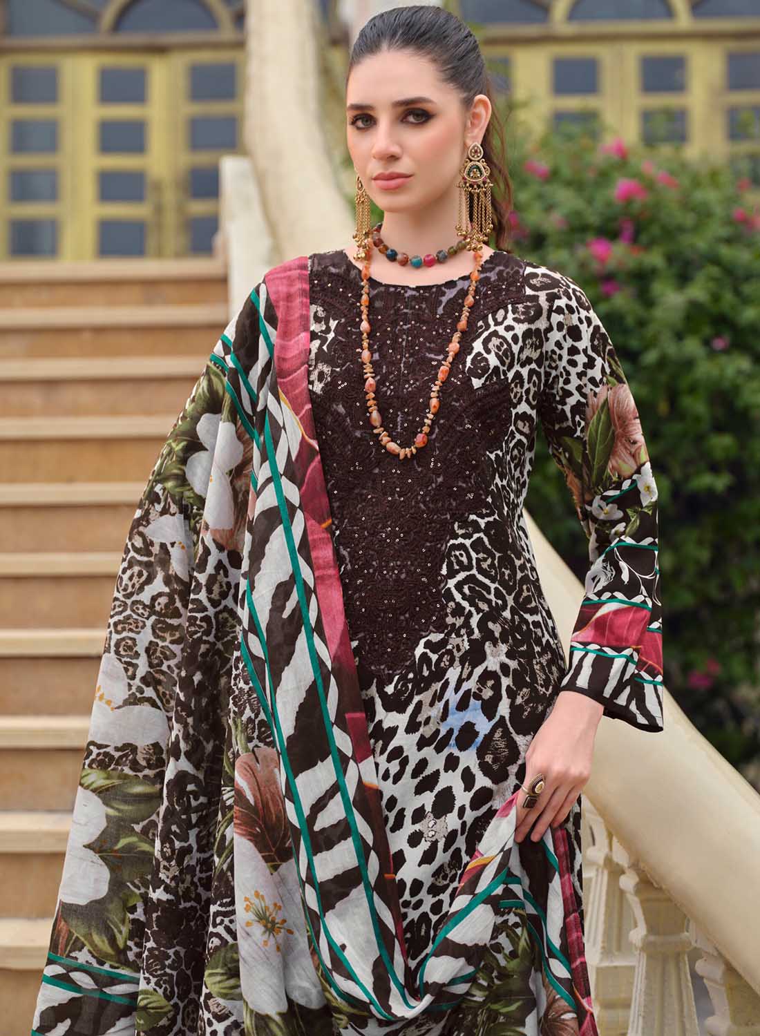 Brown Unstitched Cotton Pakistani Suit Dress Material with Embroidery