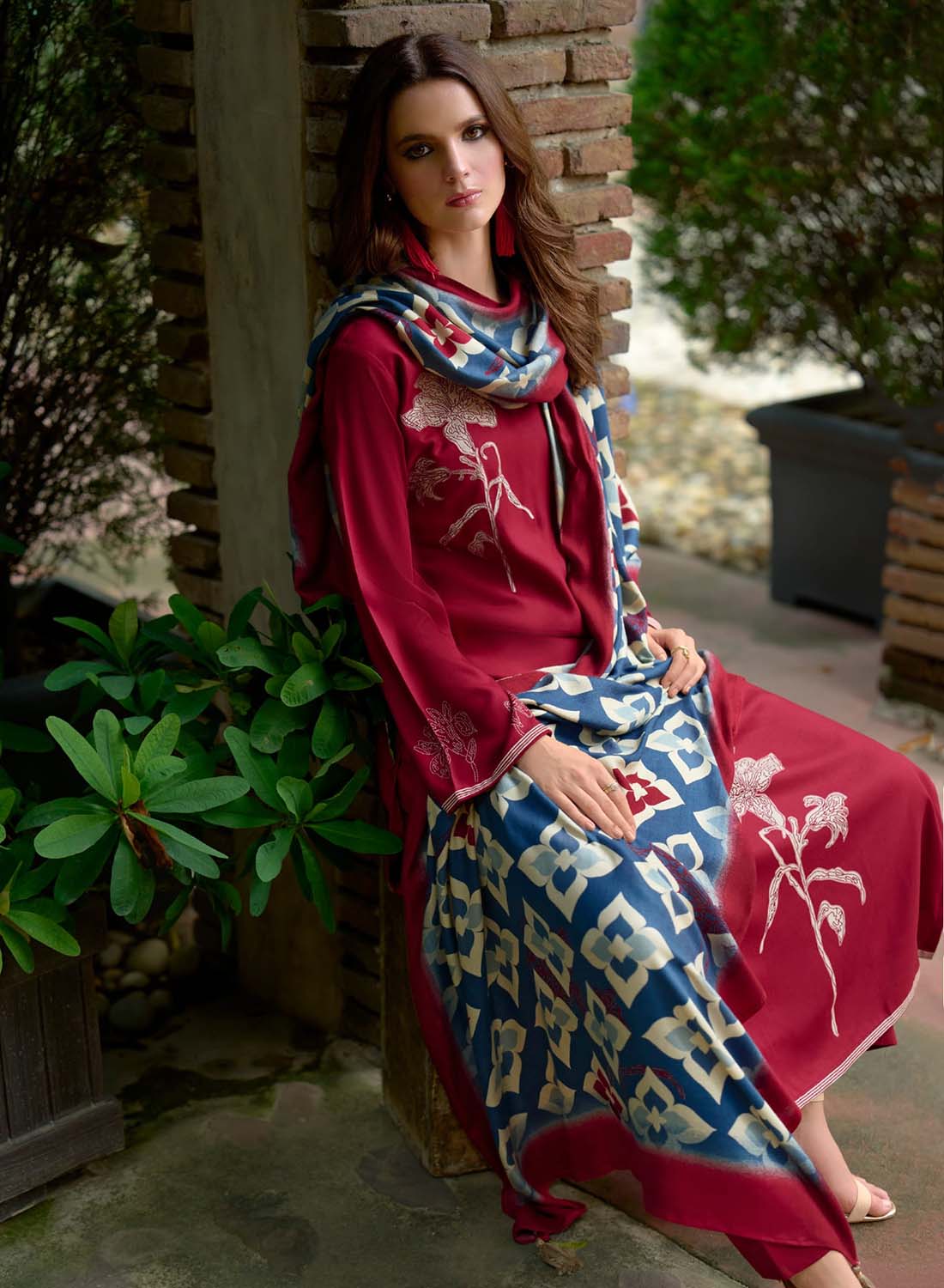 Red Viscose Pashmina Unstitched Winter Salwar Suit Dress Material