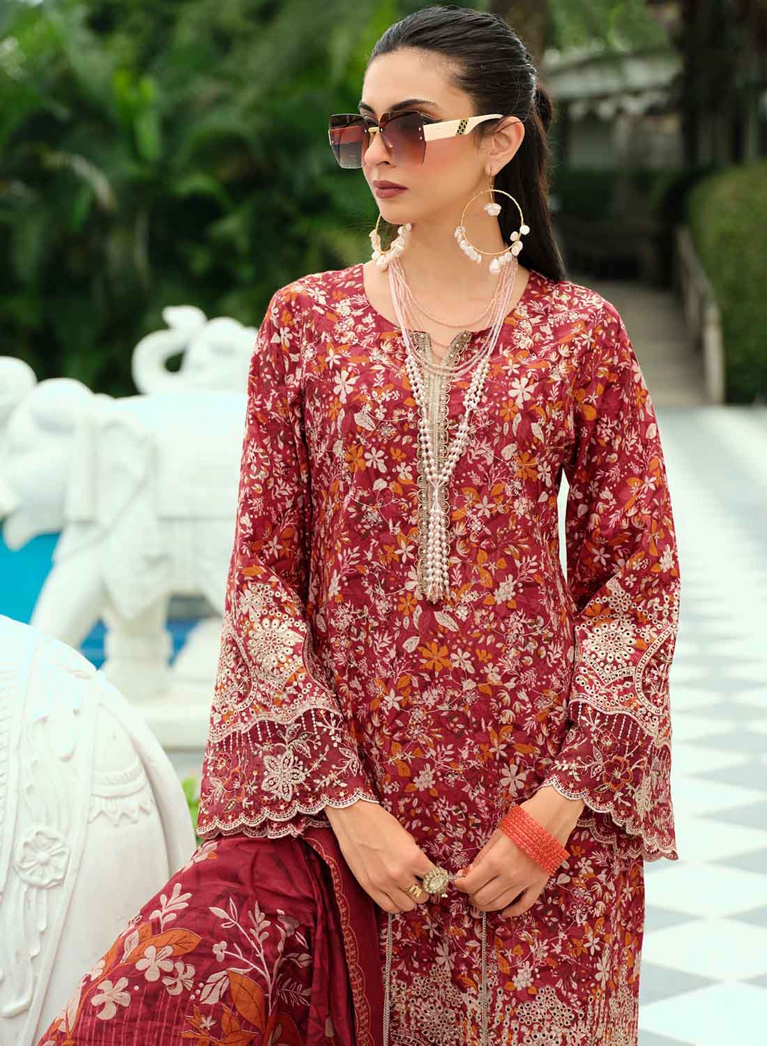 Pure Cotton Unstitched Pakistani Suit Material with Embroidery for Women Red