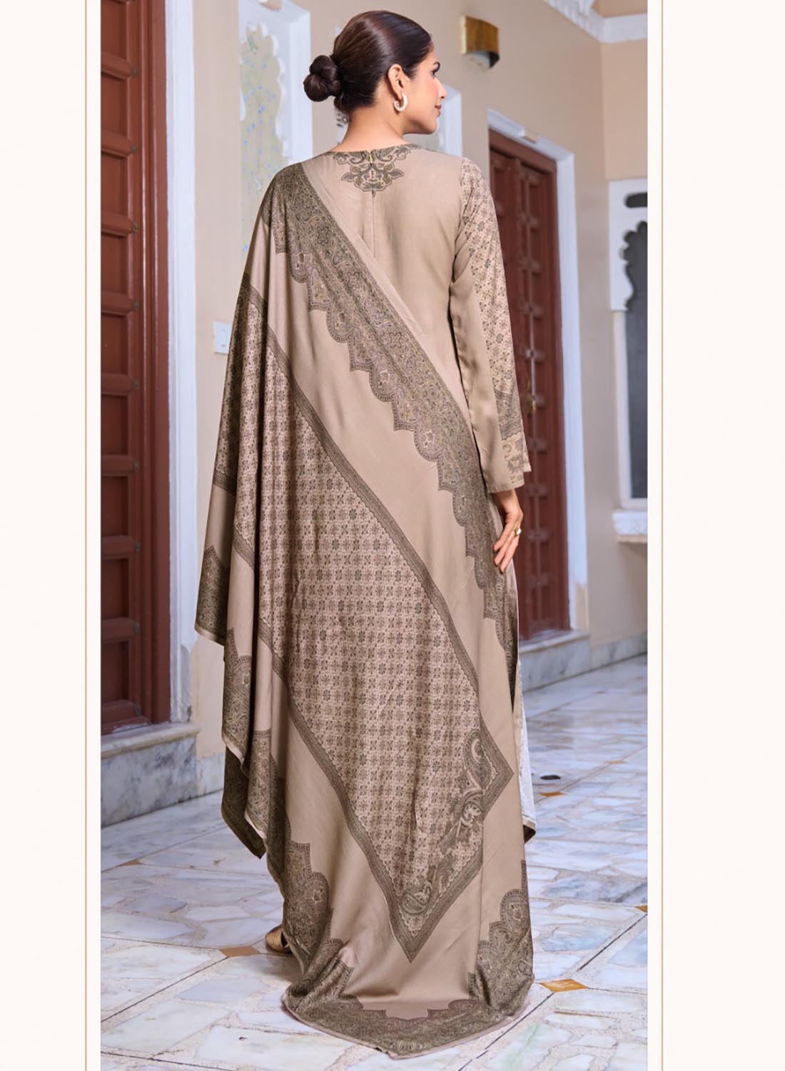Brown Viscose Pashmina Kashmiri Print Unstitched Winter Suit Set Material