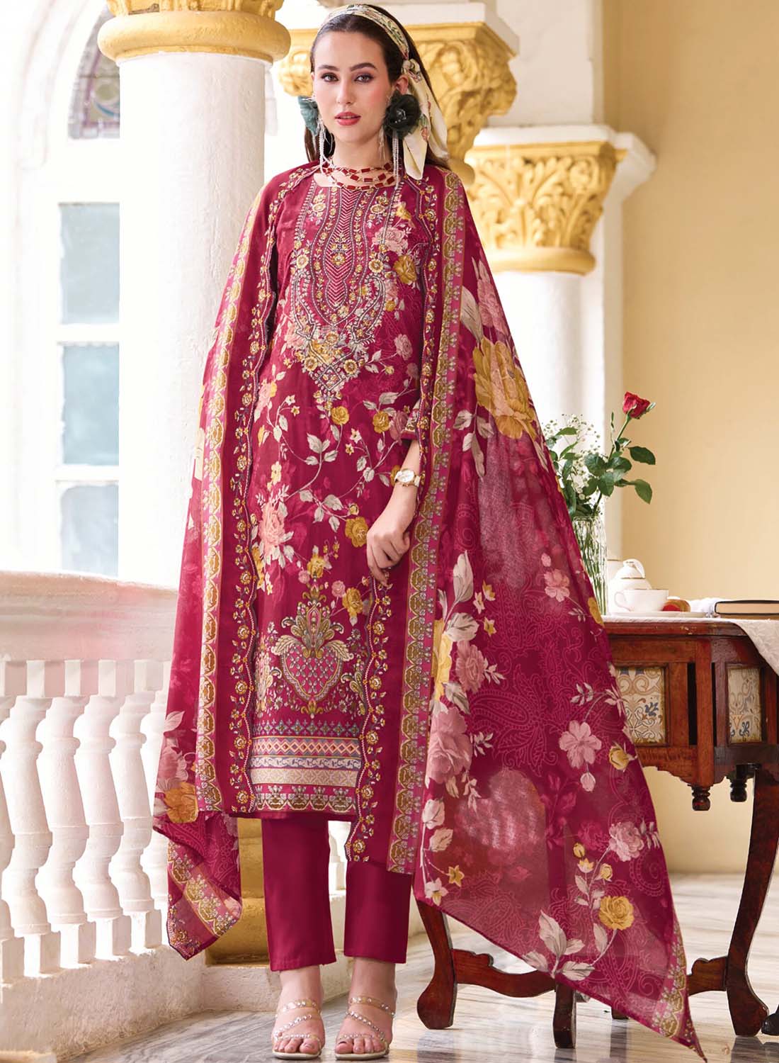 Pure Cotton Red Unstitched Pakistani Suit Material with Neck Embroidery