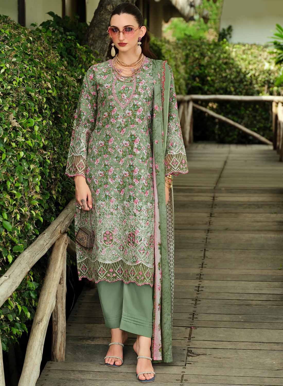 Pure Cotton Unstitched Pakistani Suit Material with Embroidery for Women Green