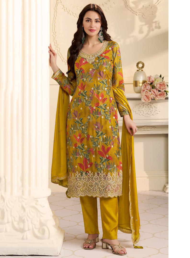 Party Wear Chinnon Unstitched Suit Dress Material with Embroidery