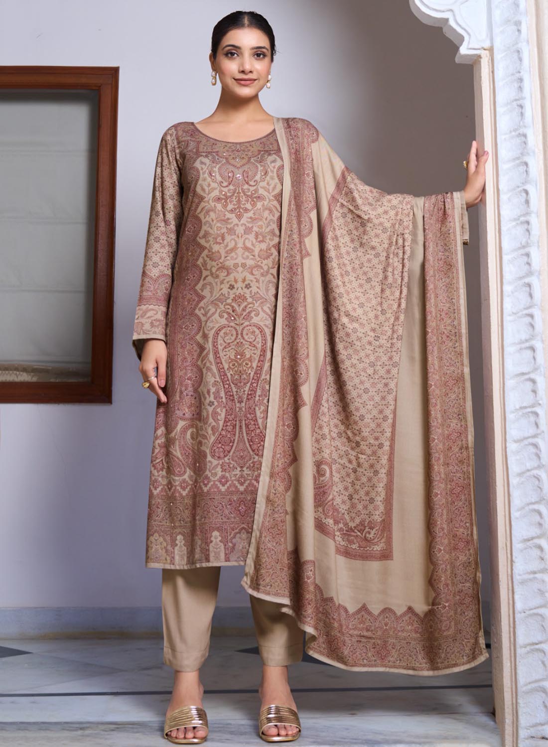 Brown Viscose Pashmina Kashmiri Print Unstitched Winter Salwar Suit Set Material