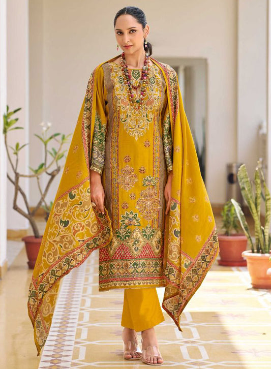 Pakistani Print Yellow Muslin Unstitched Salwar Suit Material for Women