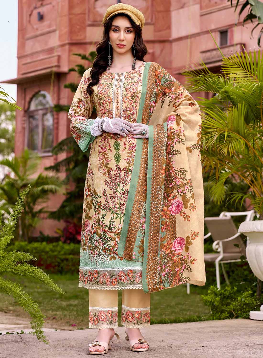 Pure Cotton Unstitched Pakistani Suit Dress Material with Embroidery Beige