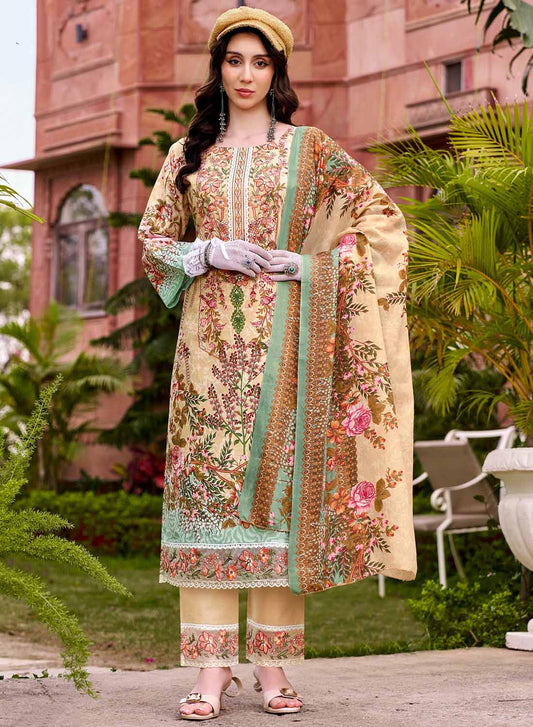 Pure Cotton Unstitched Pakistani Suit Dress Material with Embroidery Beige