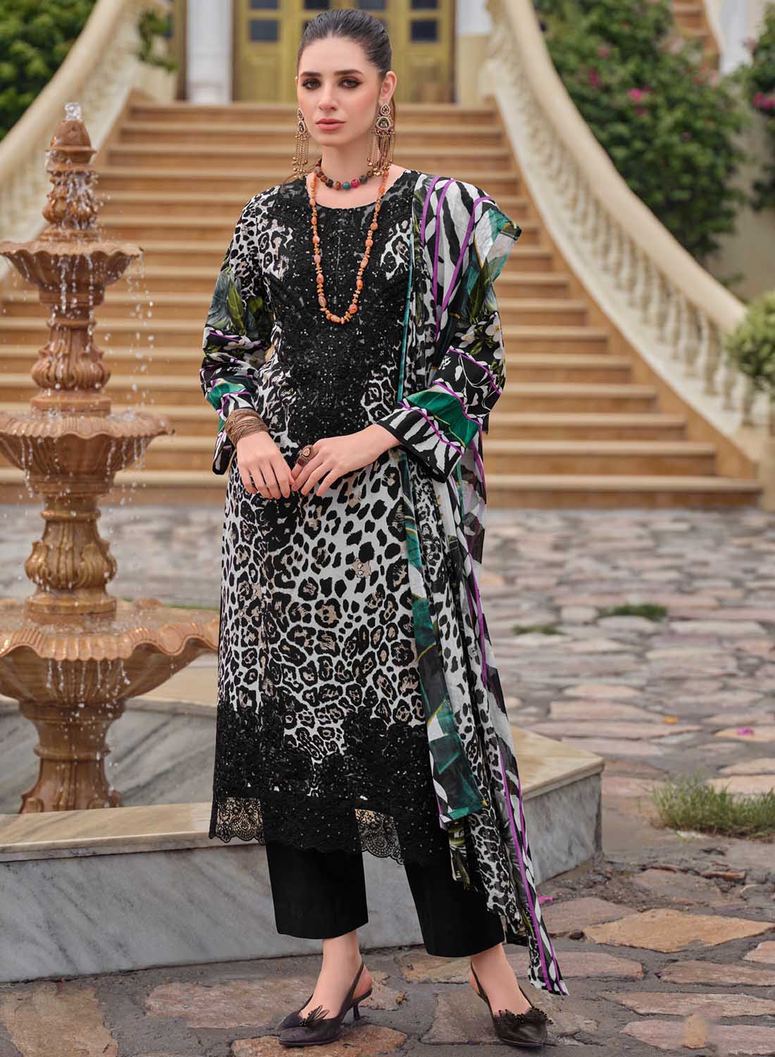 Black Unstitched Cotton Pakistani Suit Dress Material with Embroidery