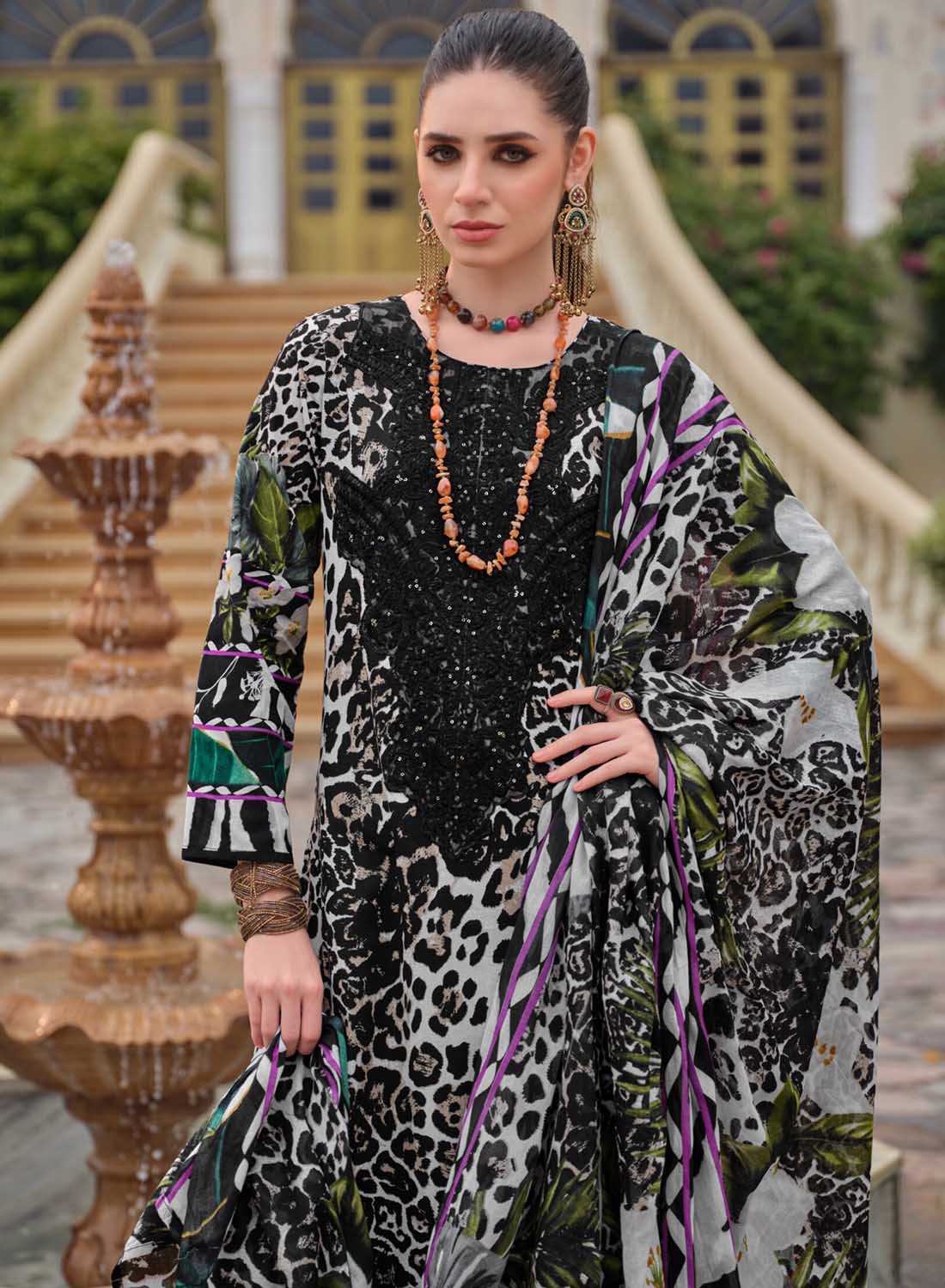 Black Unstitched Cotton Pakistani Suit Dress Material with Embroidery