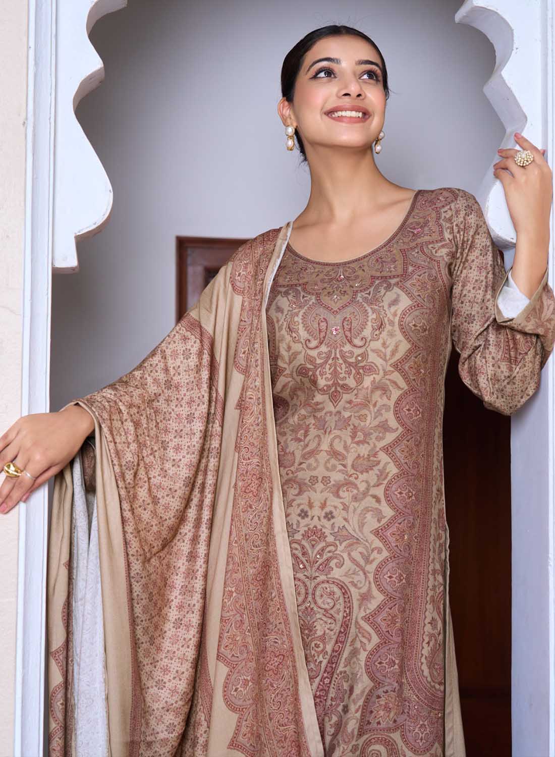 Brown Viscose Pashmina Kashmiri Print Unstitched Winter Salwar Suit Set Material