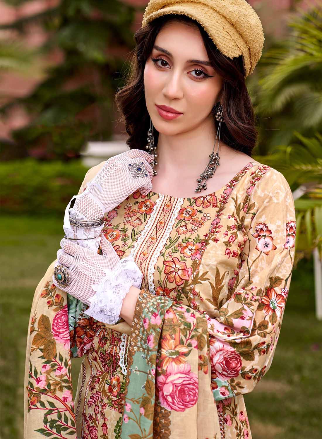 Pure Cotton Unstitched Pakistani Suit Dress Material with Embroidery Beige