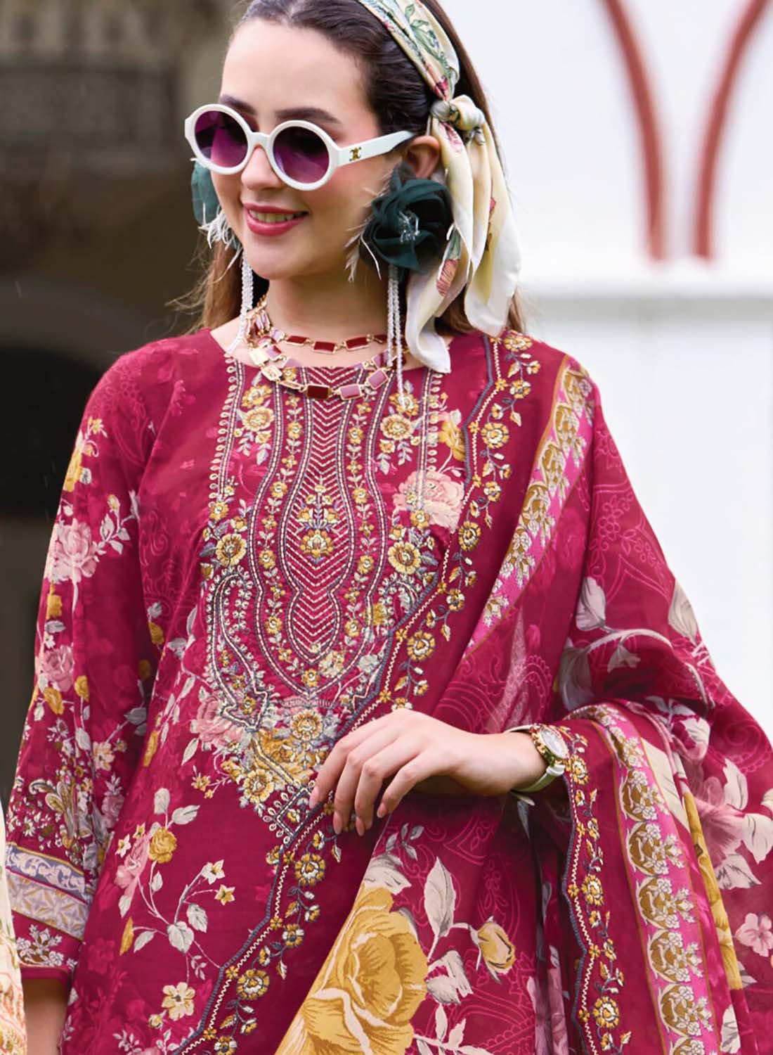 Pure Cotton Red Unstitched Pakistani Suit Material with Neck Embroidery
