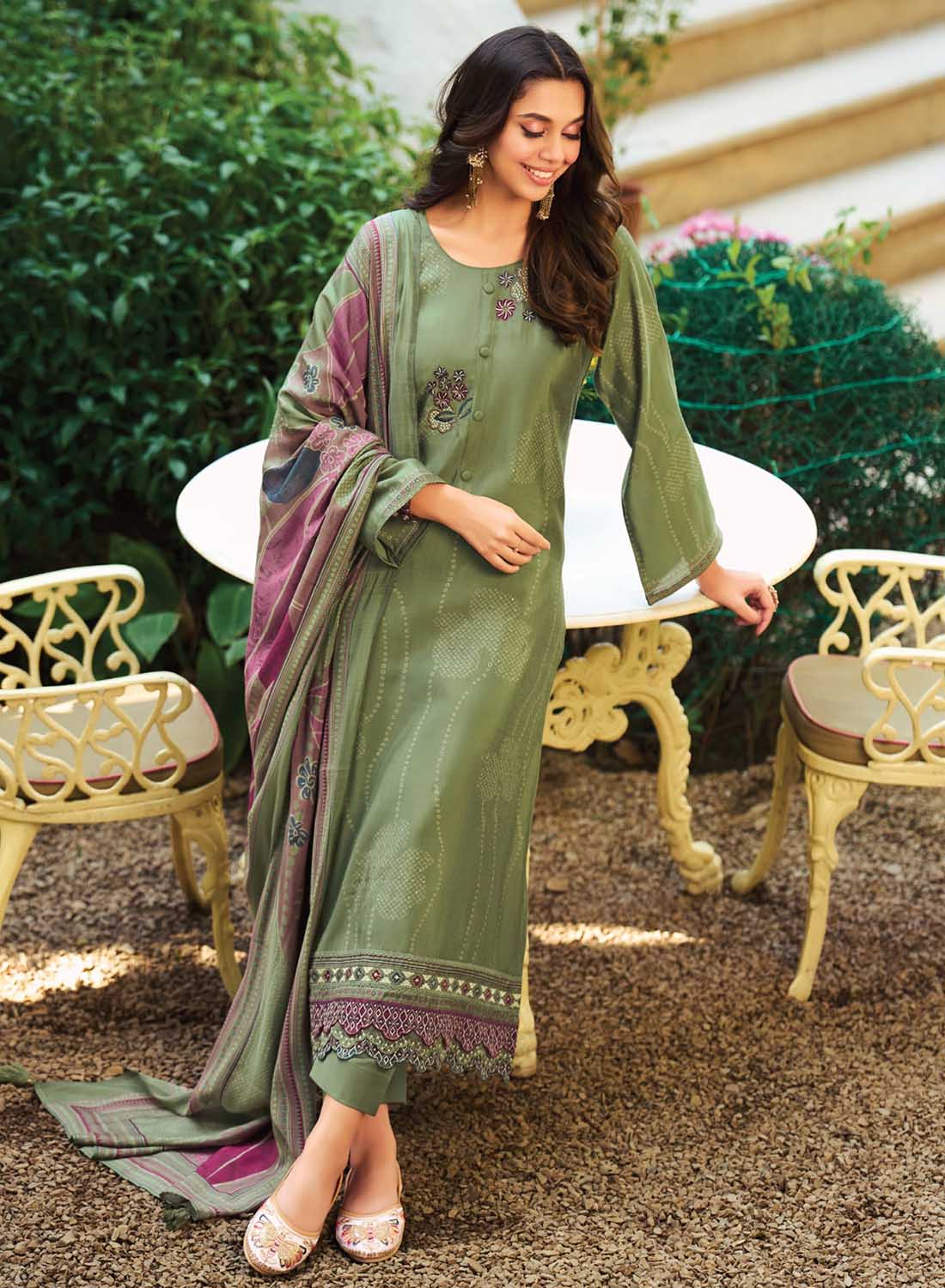 Fancy Green Muslin Silk Unstitched Salwar Suit Material for Women