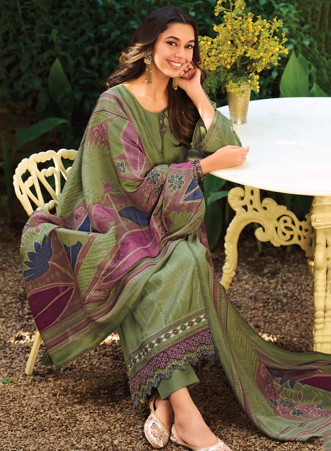 Fancy Green Muslin Silk Unstitched Salwar Suit Material for Women