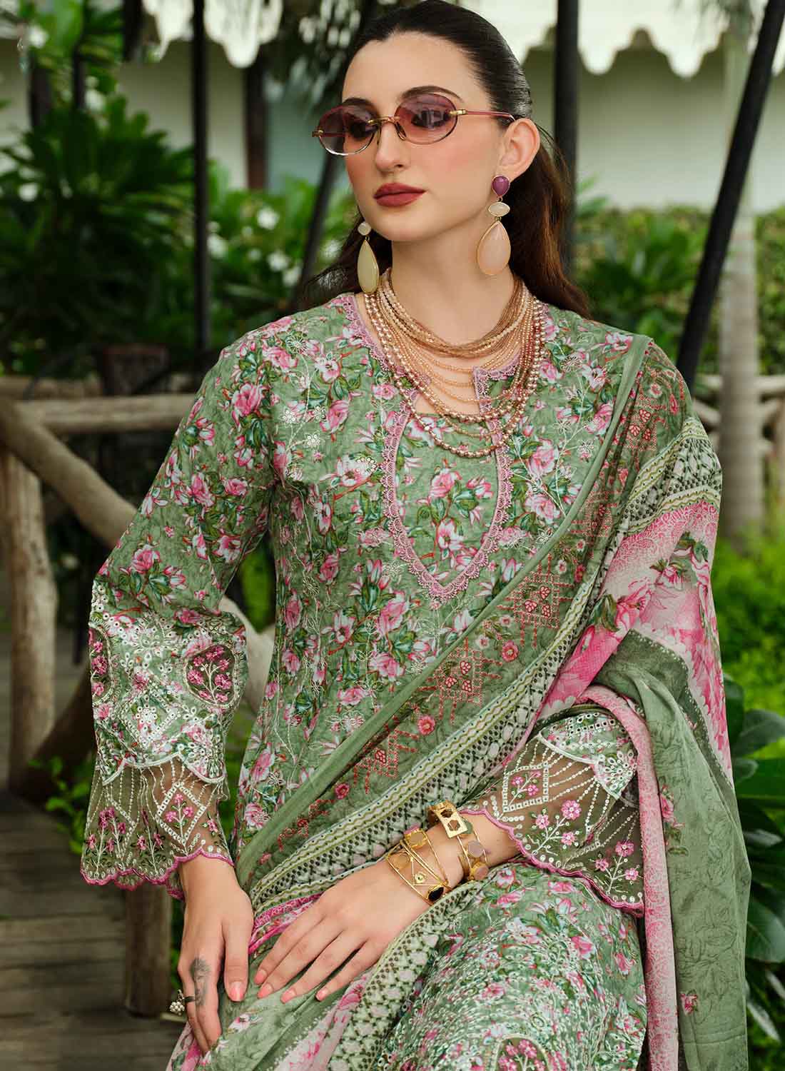 Pure Cotton Unstitched Pakistani Suit Material with Embroidery for Women Green