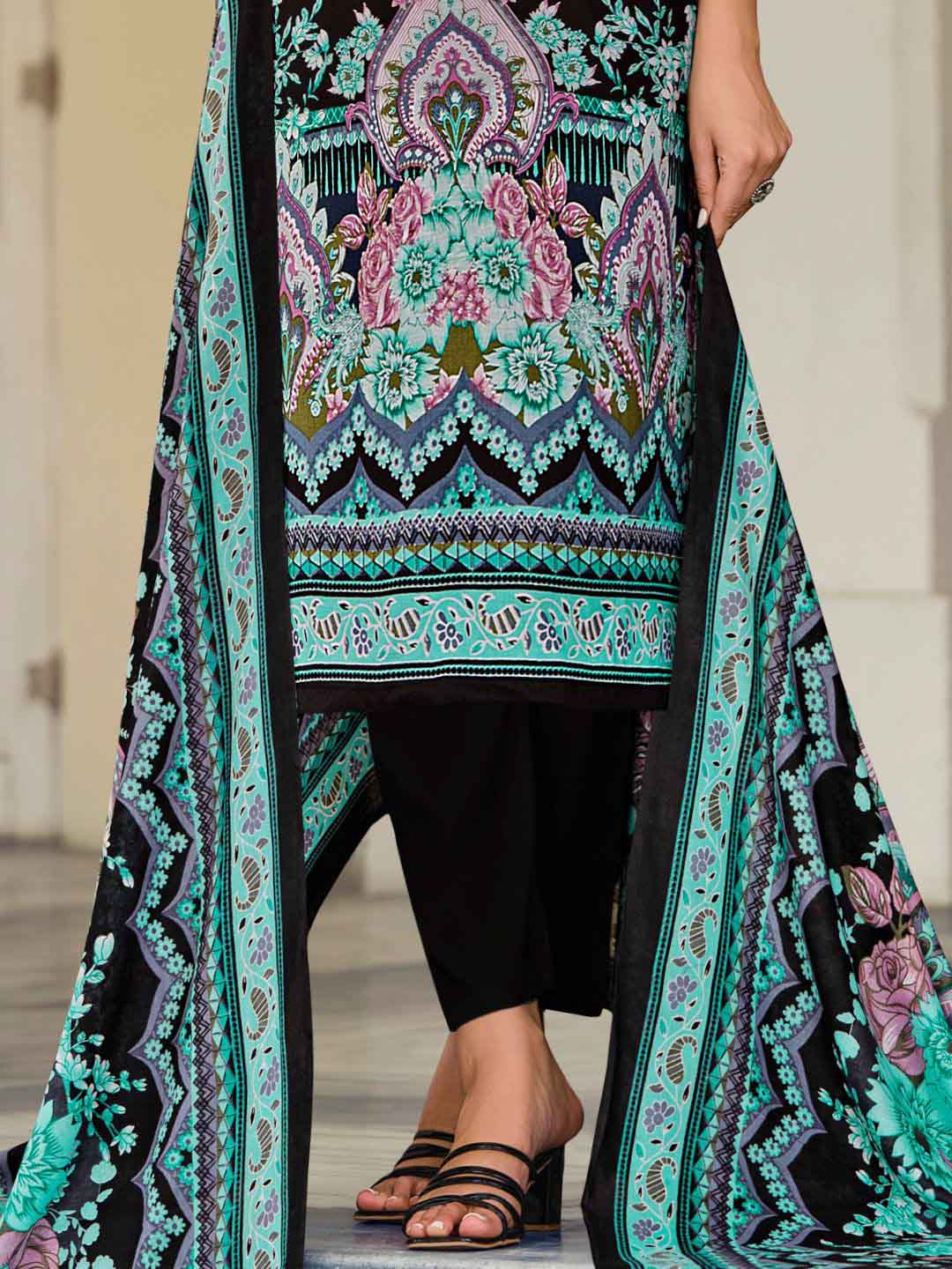 Black Pakistani Print Unstitched Cotton Suit Dress Material with Embroidery