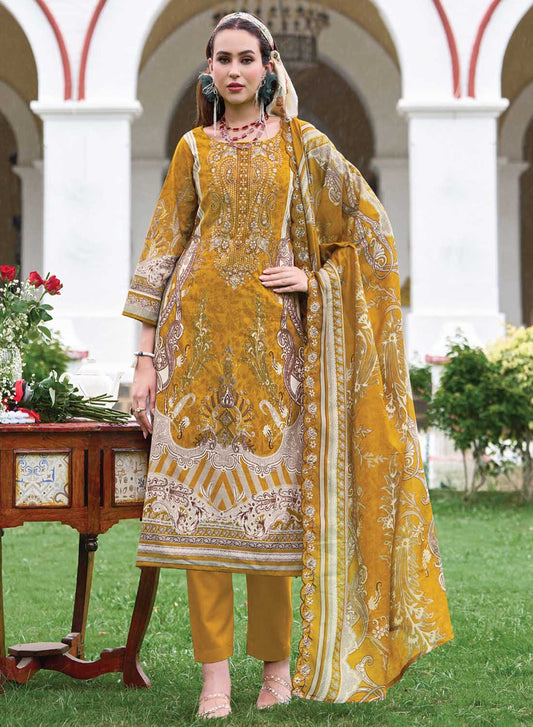 Pure Cotton Mustard Unstitched Pakistani Suit Material with Neck Embroidery