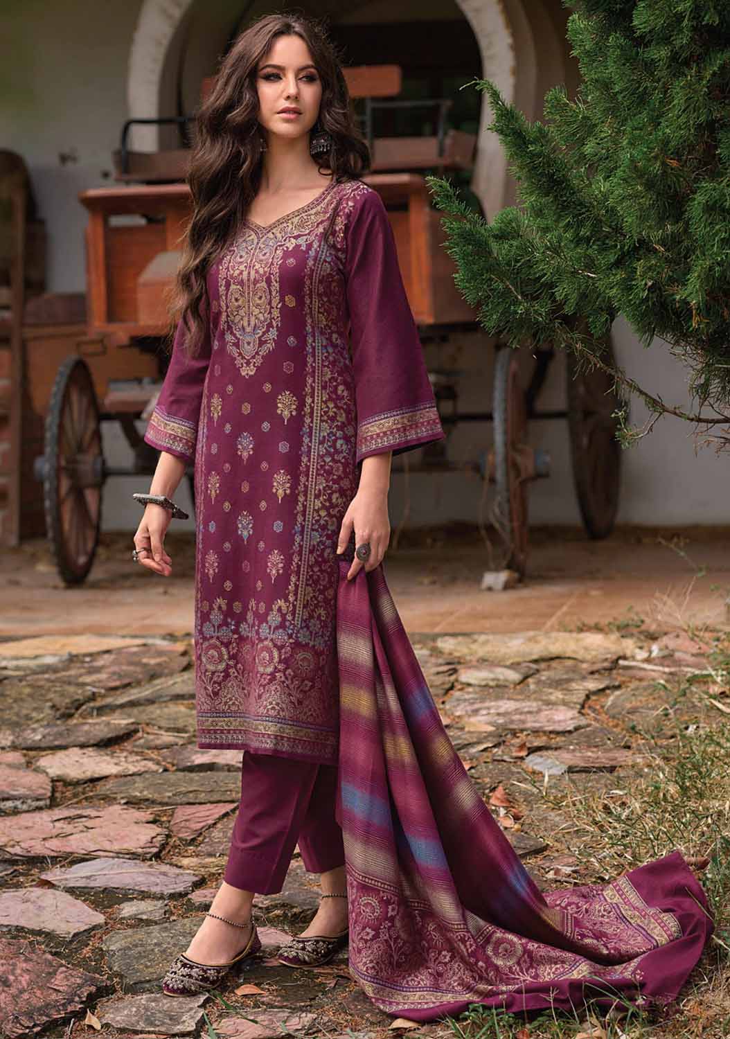 Pure Handloom Maroon Unstitched Pashmina Winter Suits Set for Women Kilory Trends