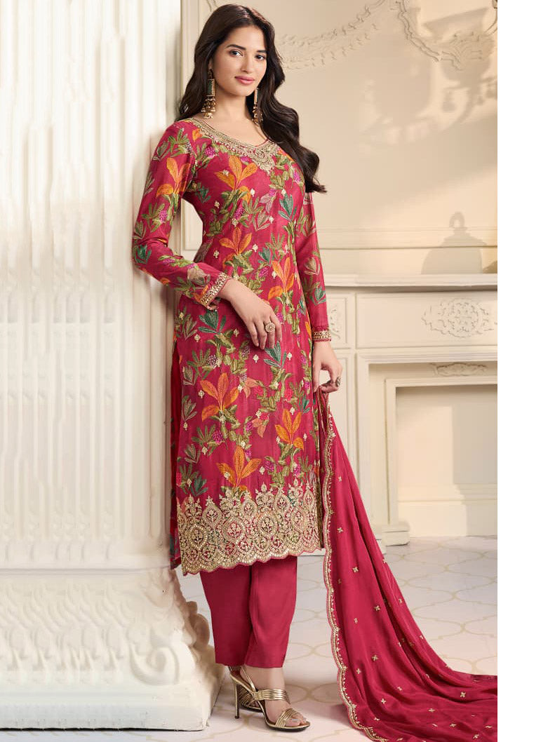 Party Wear Chinnon Red Unstitched Suit Dress Material with Embroidery