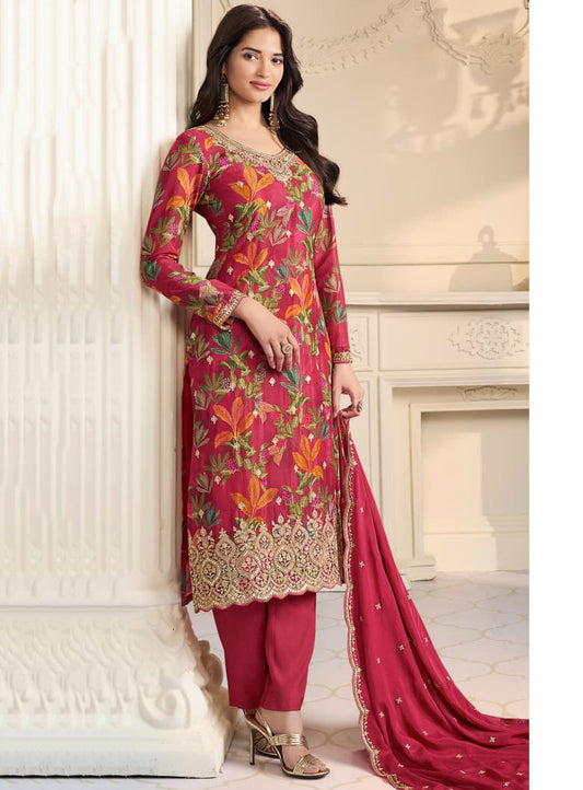 Party Wear Chinnon Red Unstitched Suit Dress Material with Embroidery