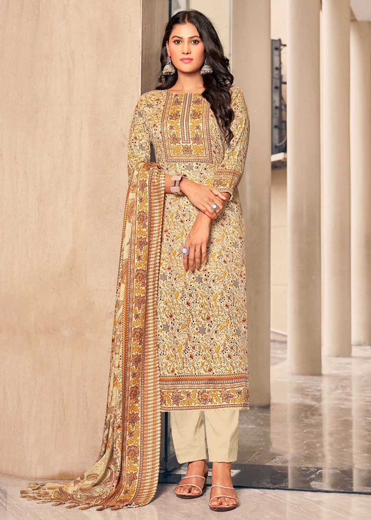 Pashmina Winter Unstitched Beige Suit Dress Material for Women Radha Fab