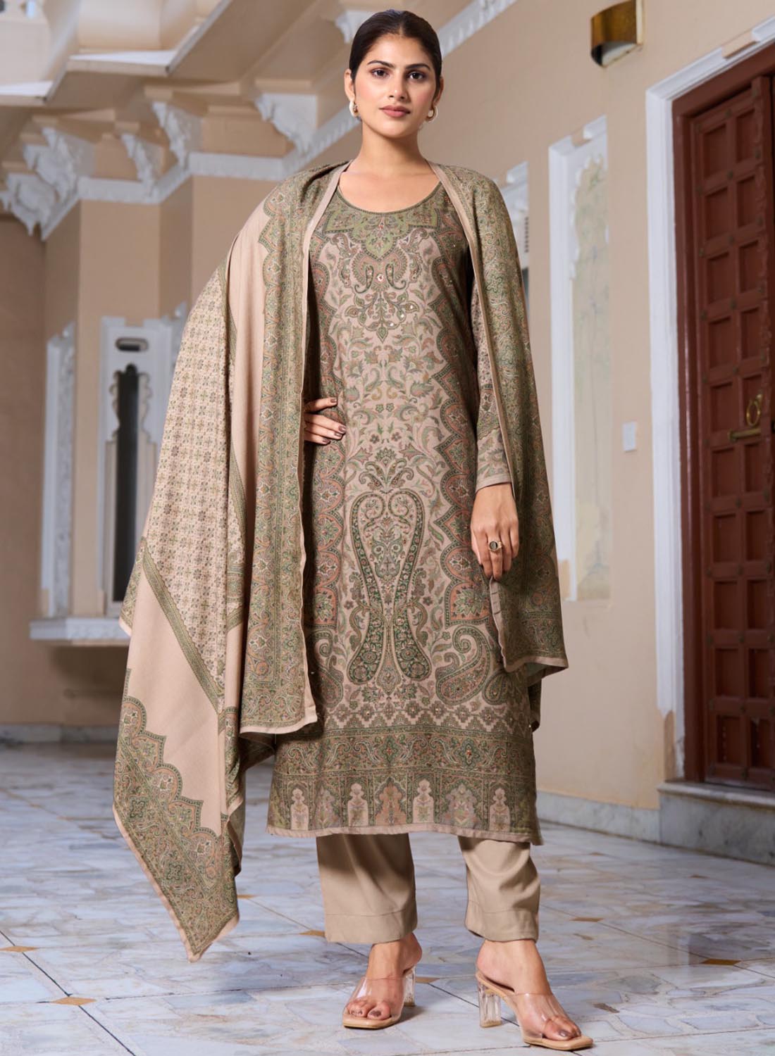 Brown Viscose Pashmina Kashmiri Print Unstitched Winter Suit Material