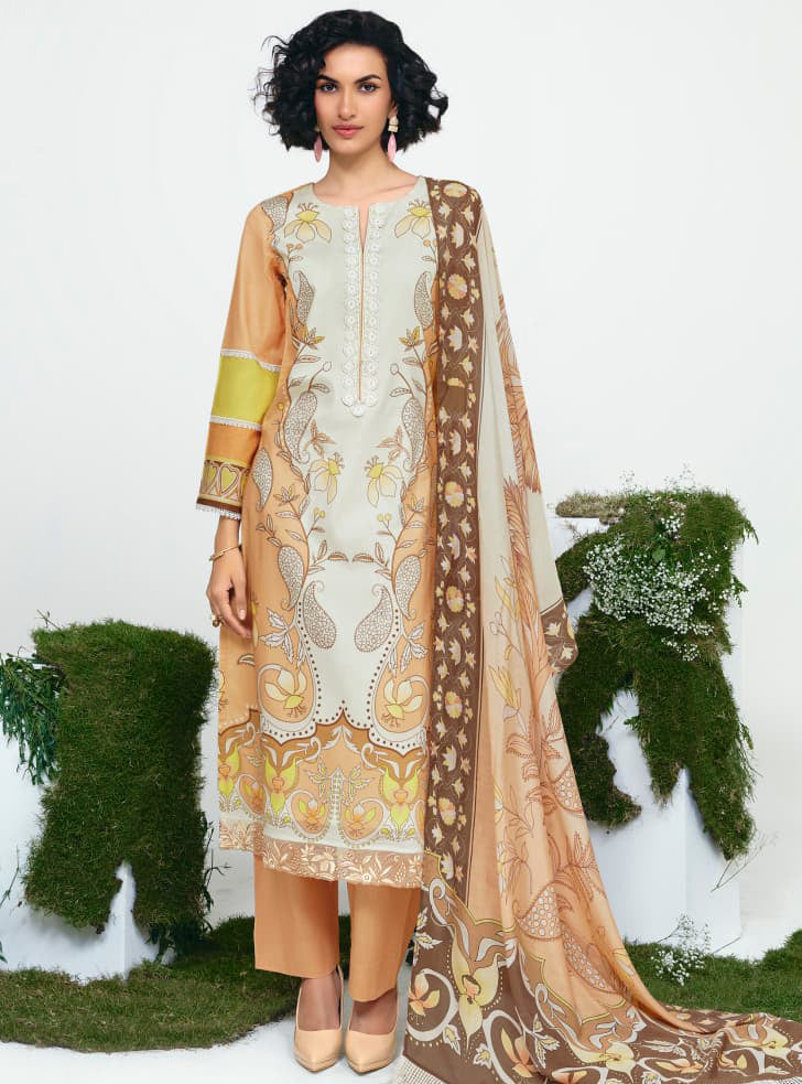 Designer Cotton Lawn Embroidered Unstitched Salwar Suit Material for Women