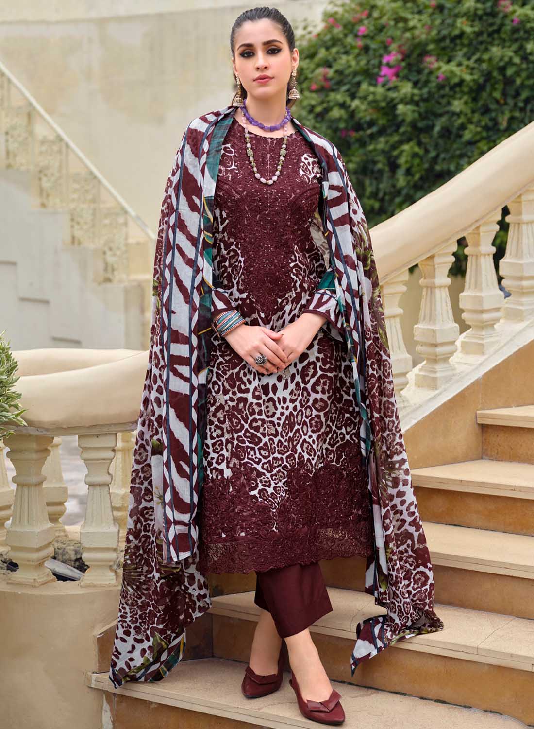 Maroon Unstitched Cotton Pakistani Suit Dress Material with Embroidery
