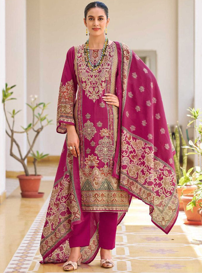 Pakistani Print Pink Muslin Unstitched Salwar Suit Material for Women