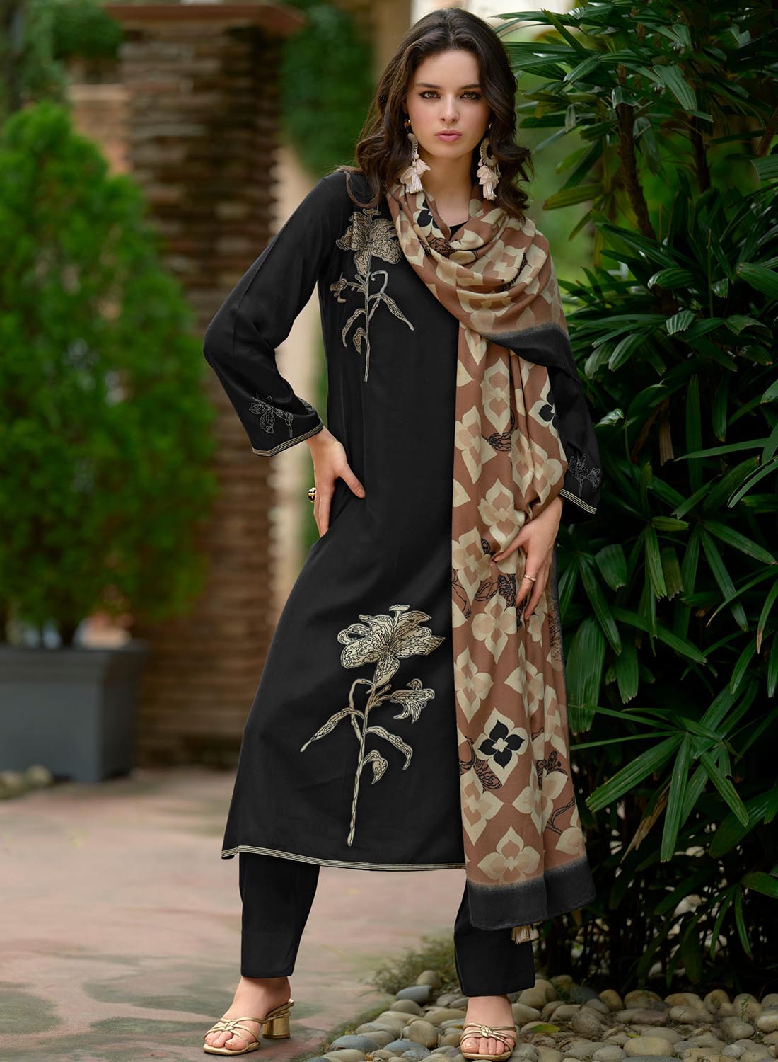 Black Viscose Pashmina Unstitched Winter Salwar Suit Dress Material