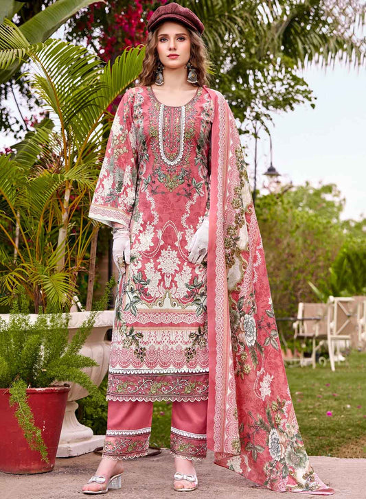 Pure Cotton Unstitched Pakistani Suit Dress Material with Embroidery Pink