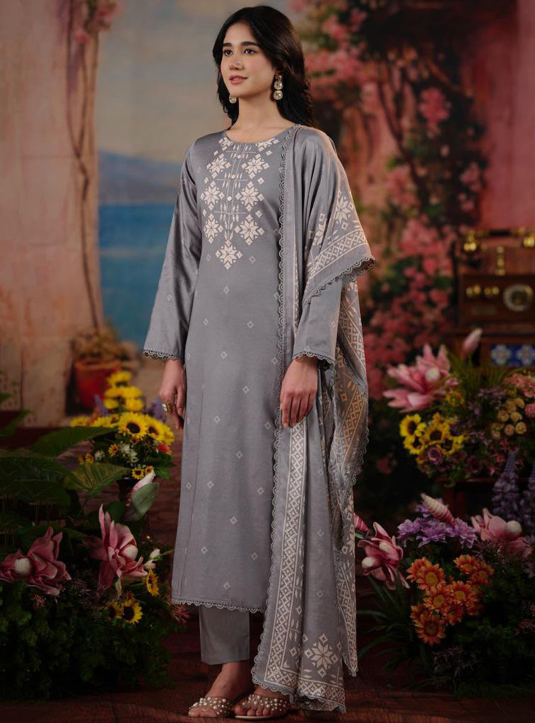 Pure Cotton Grey Unstitched Suit Dress Material with Hand Work for Women